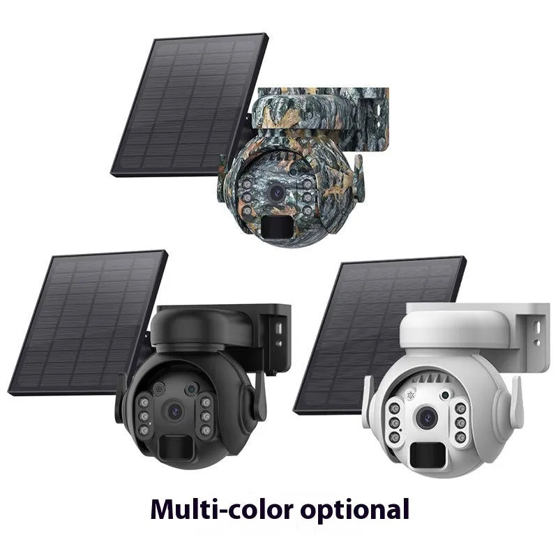 Solar panel security camera with antenna for 4G/WiFi, shown in camouflage colour option.