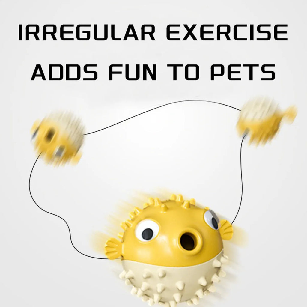 Yellow fish-shaped dog chew toy with textured surface and squeaker function
