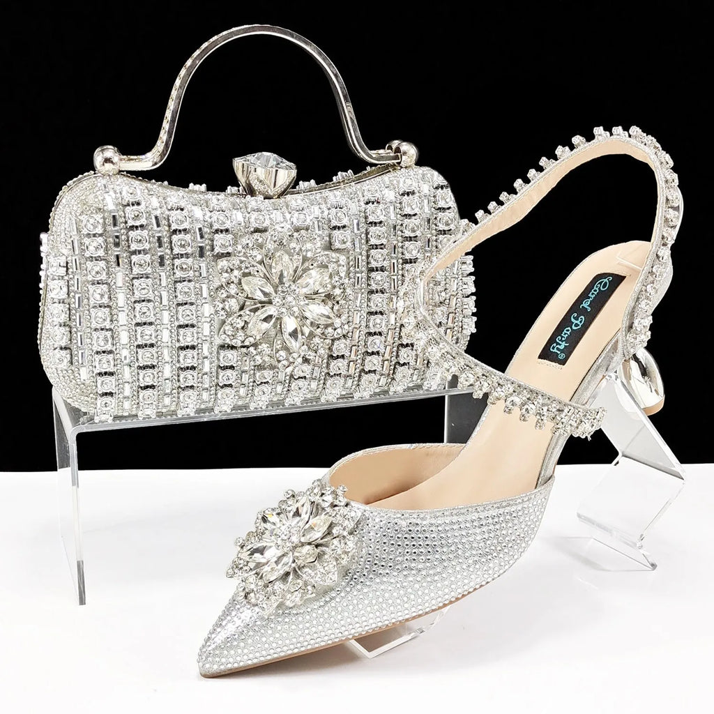 Women's floral high heel shoes with matching clutch bag featuring rhinestones and ankle chain