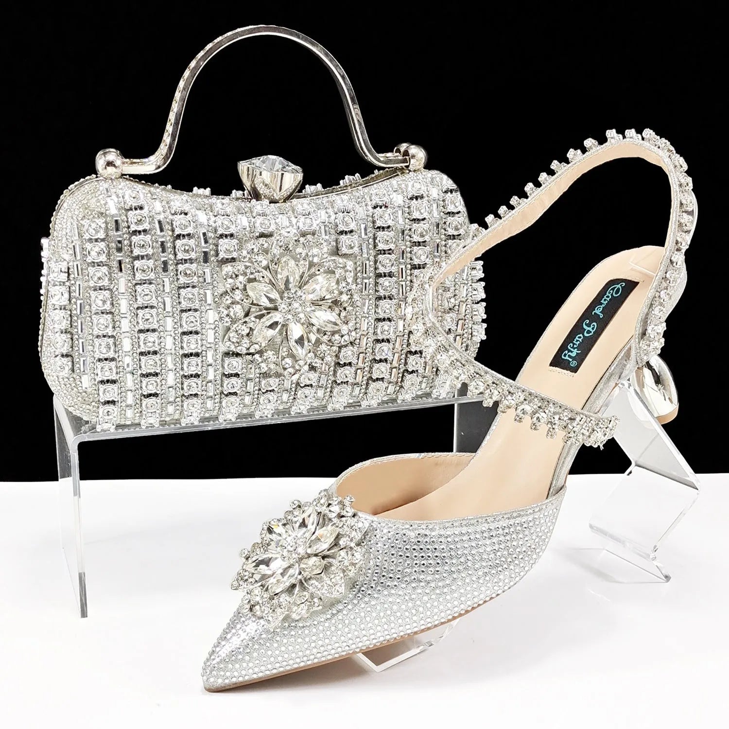 Women's floral high heel shoes with matching clutch bag featuring rhinestones and ankle chain