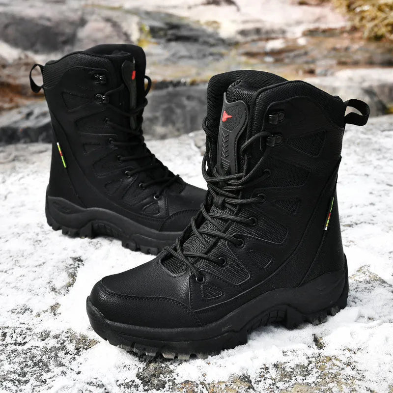 Men's cowhide leather hi-top hiking shoes in beige colour on outdoor terrain