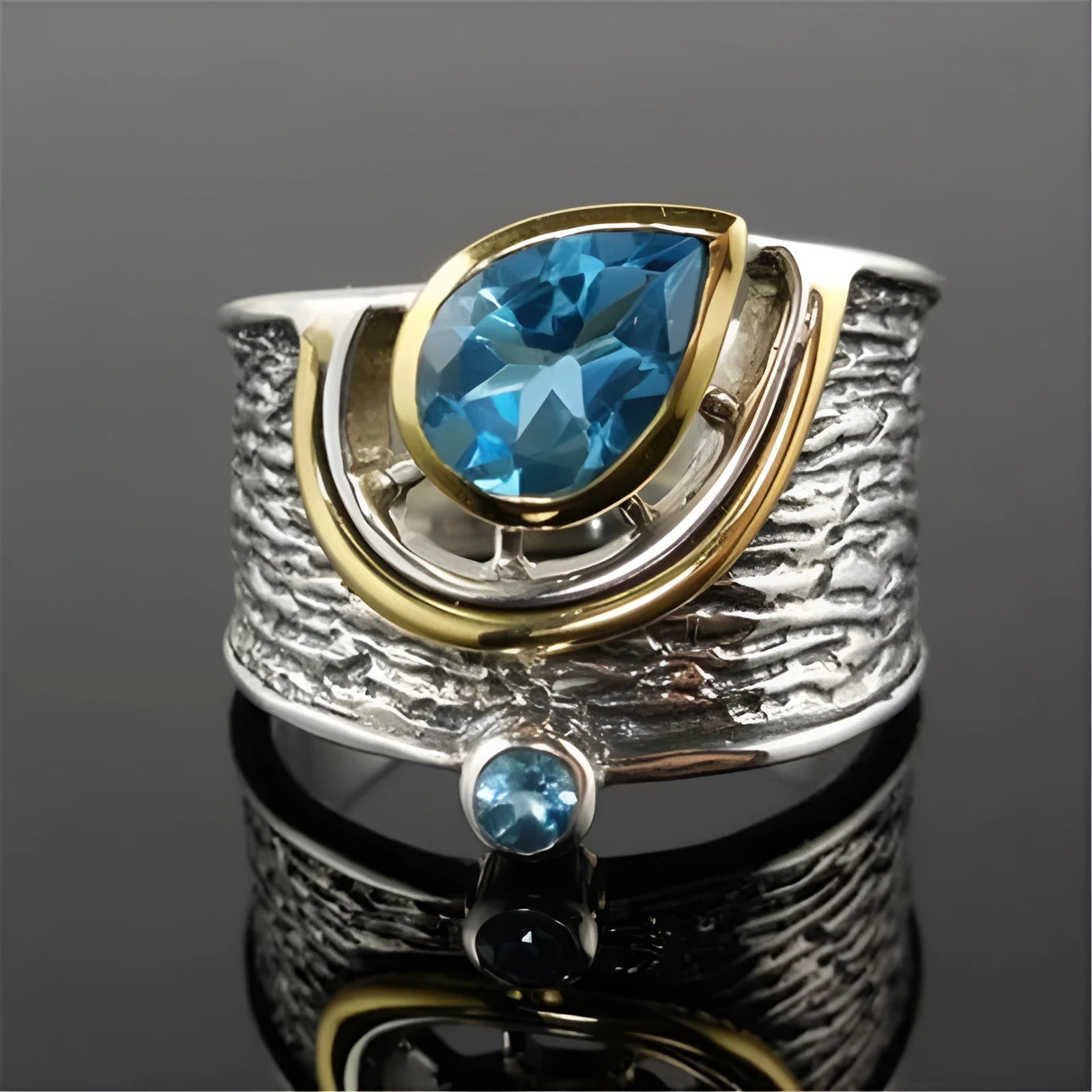 Chinese style women's blue zircon ring with drop shape design and inlaid rhinestones