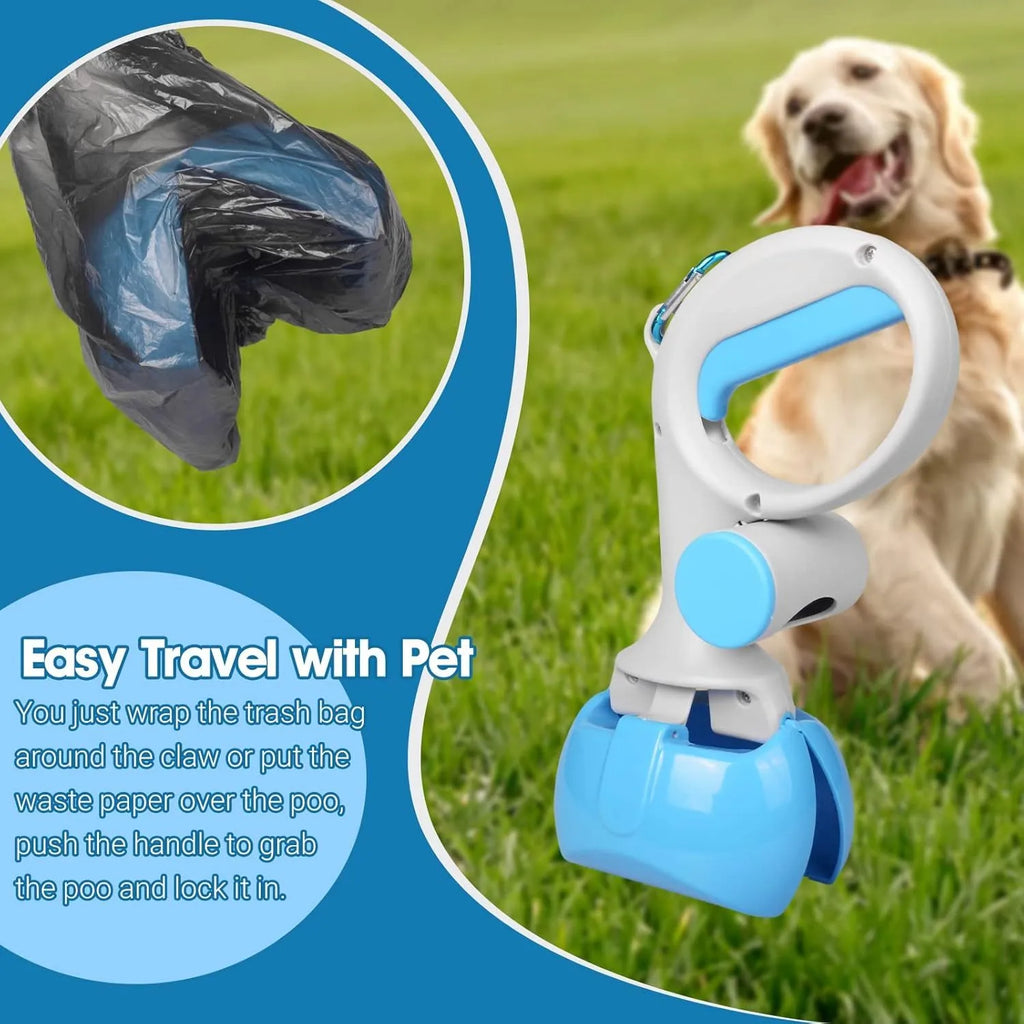 Black pet pooper scooper with built-in trash bag holder and carrying hook on a gravel path.