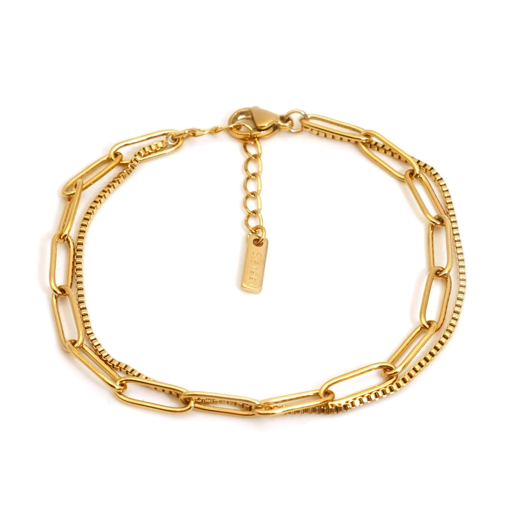 Geometric double layer stainless steel bracelet in gold or silver, showing Ins Cold Style design with linear elements.
