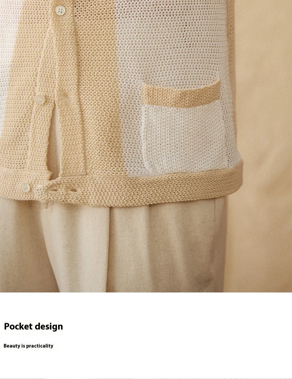 Beige short-sleeved women's cardigan with lapel collar and hollow knit texture