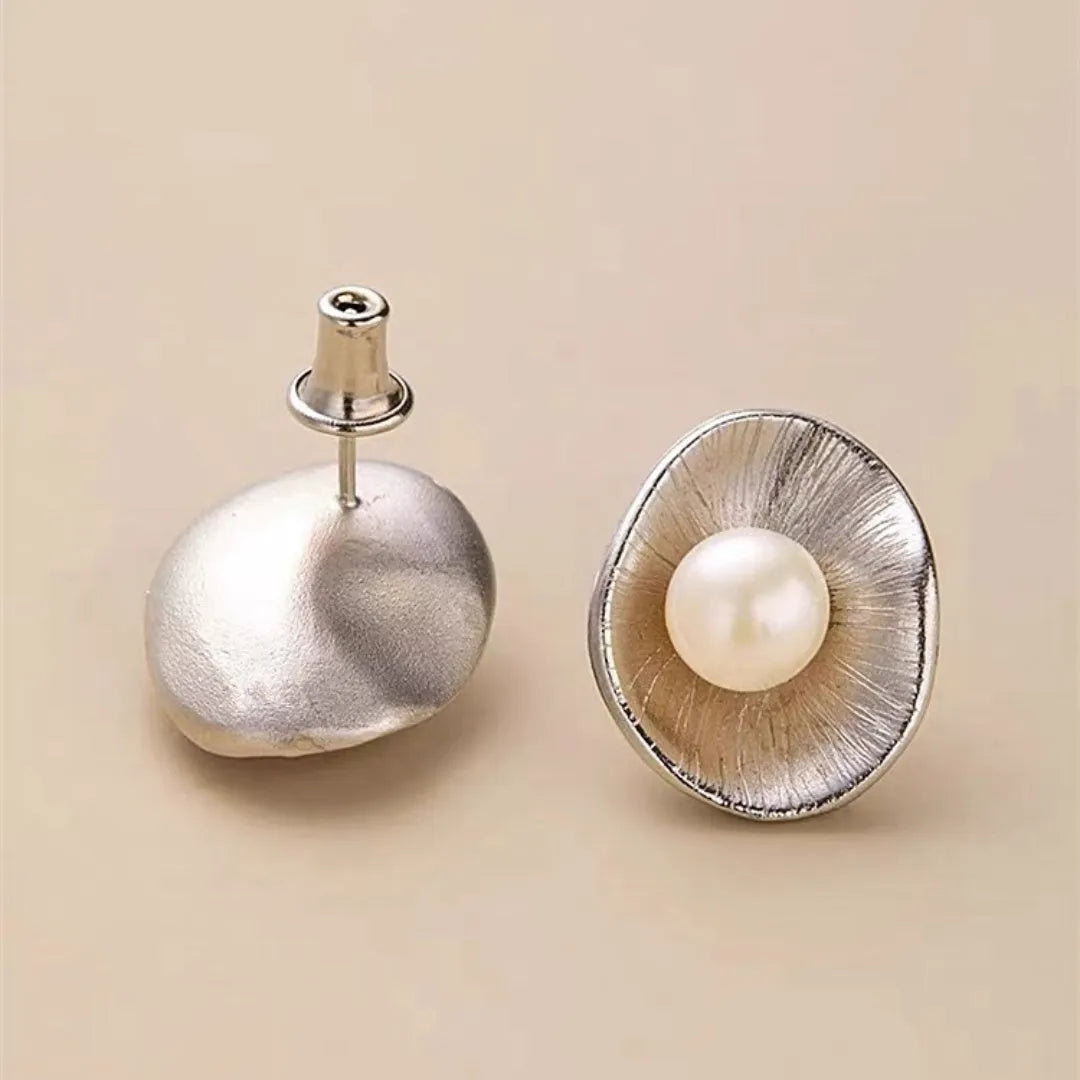Pearl sterling silver needle earrings with geometric freshwater pearl charms on 925 silver posts