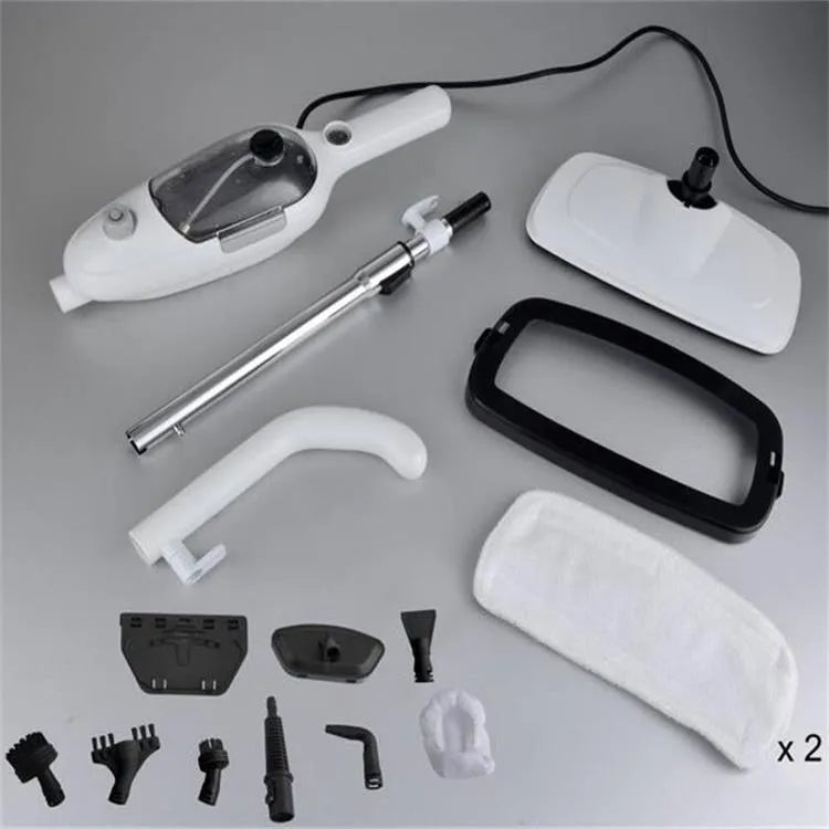 White steam mop with rectangular chassis, 1300W power, 10-in-1 cleaning accessories set, and carpet glider for hard floor cleaning