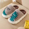 Cotton plush couple slippers with dinosaur print in grey, coffee, or orange, showing thickened pile fabric