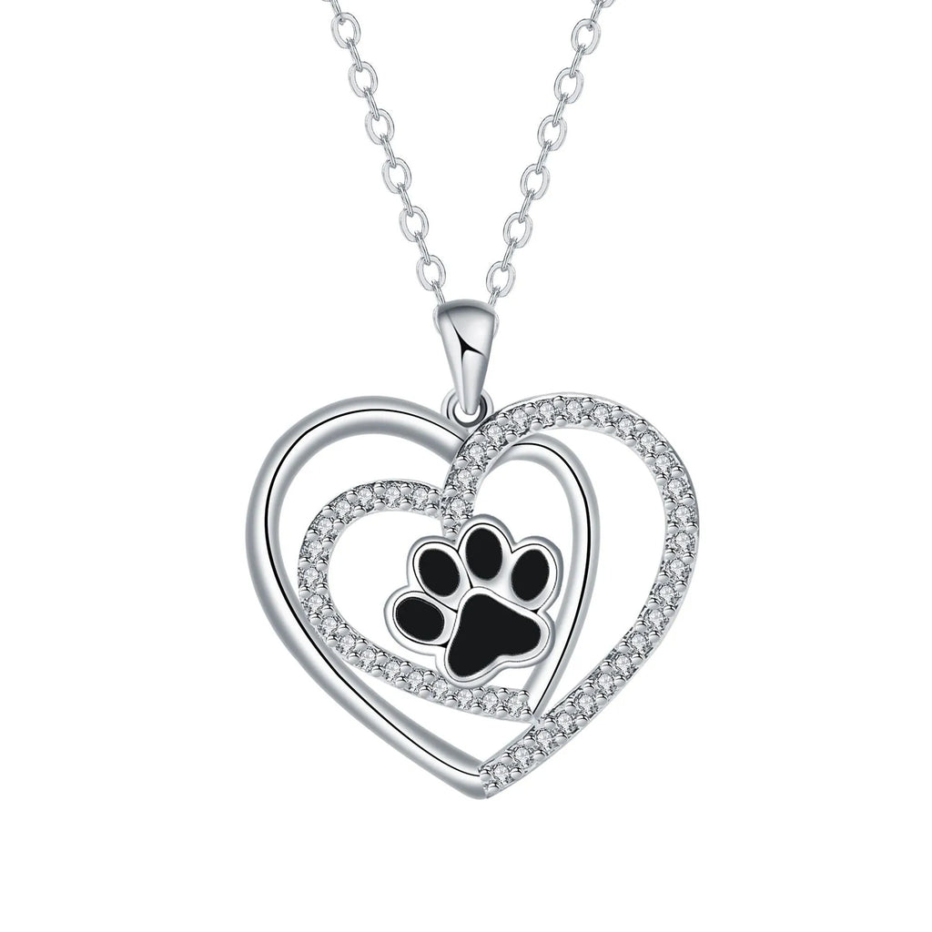 Women's copper dog paw footprints necklace with heart pendant and cross chain