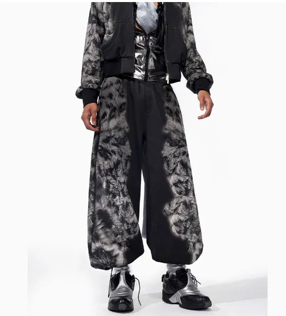 Women's loose fit printed trousers with collage stitching details in polyester fabric