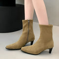 Women's square toe kitten heel booties with side zip closure in black or brown with waterproof platform sole