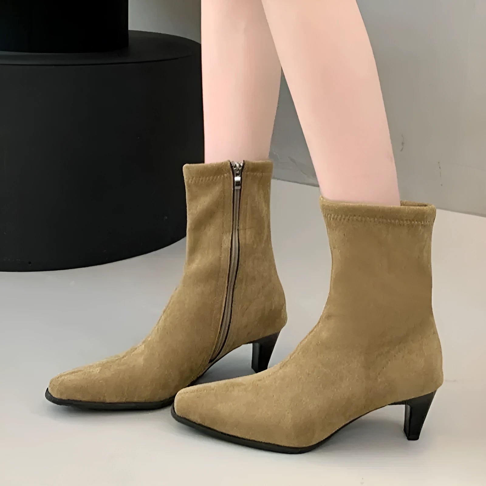 Women's square toe kitten heel booties with side zip closure in black or brown with waterproof platform sole