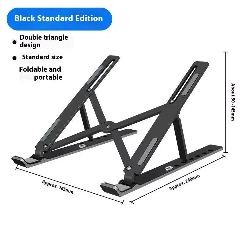 Silver aluminum folding laptop stand open on a desk with a laptop.