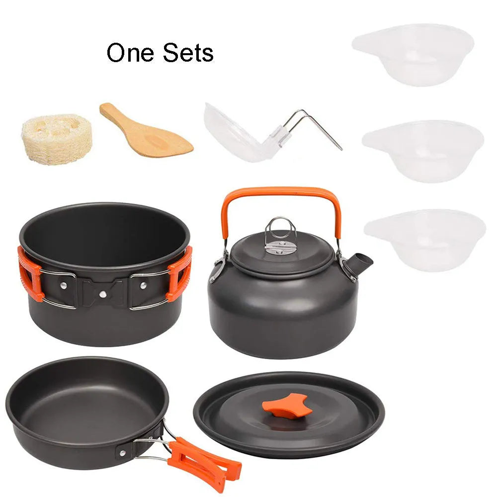 Orange travel picnic tableware folding camping cookware set with aluminium pots, pan, and utensils in mesh bag