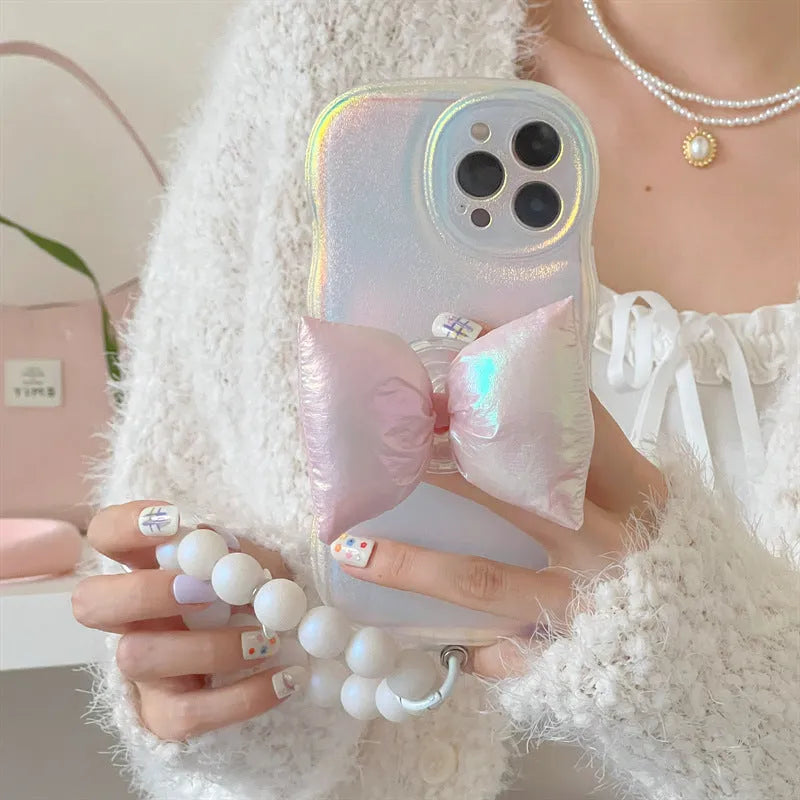 Laser powder bowknot silicone phone case for iPhone with sparkle finish and optional bracelet