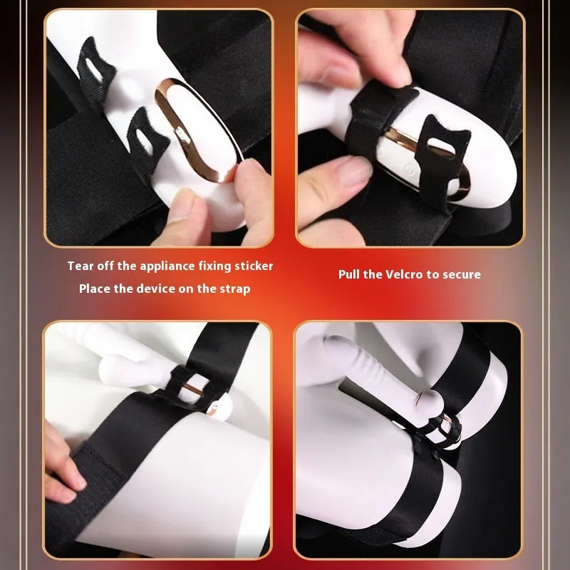 Black adjustable sex toy strap with knitted belt construction for secure adult toy attachment