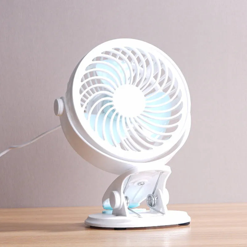USB-powered quiet desktop fan with brushless motor in clip and floor style options