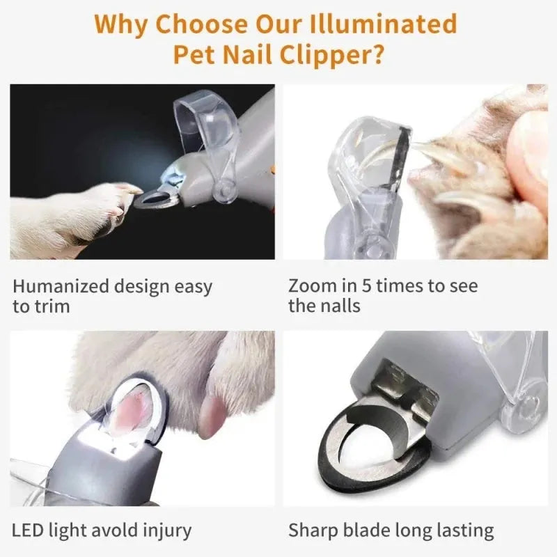 Yellow pet nail clipper with LED light and magnifying lens for dogs and cats