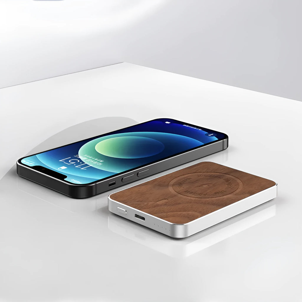 Khaki alloy wireless charging bank with magnetic suction showing 5000mAh capacity and USB port