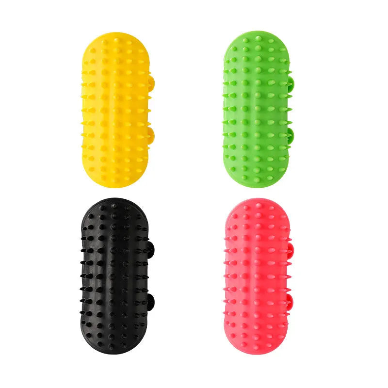 Adjustable silicone cat scratching brush mounted on table leg with rounded comb teeth for grooming