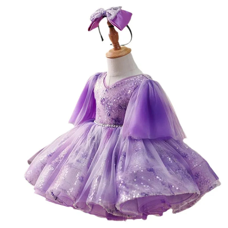 Purple tie-dyed Swiss net mesh princess pettiskirt dress for girls, sizes 80cm to 160cm, with hair accessory