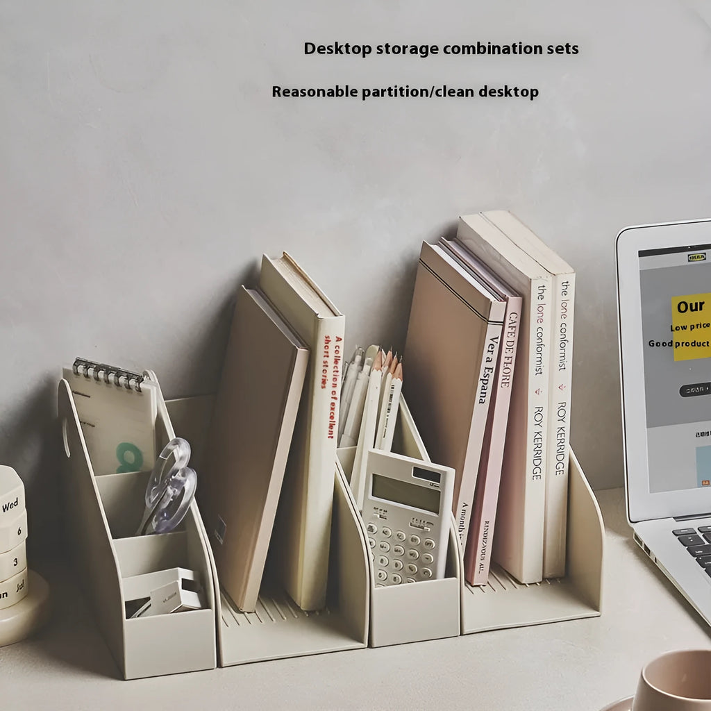 Plastic desktop storage box with two grid shelves in milk coffee colour