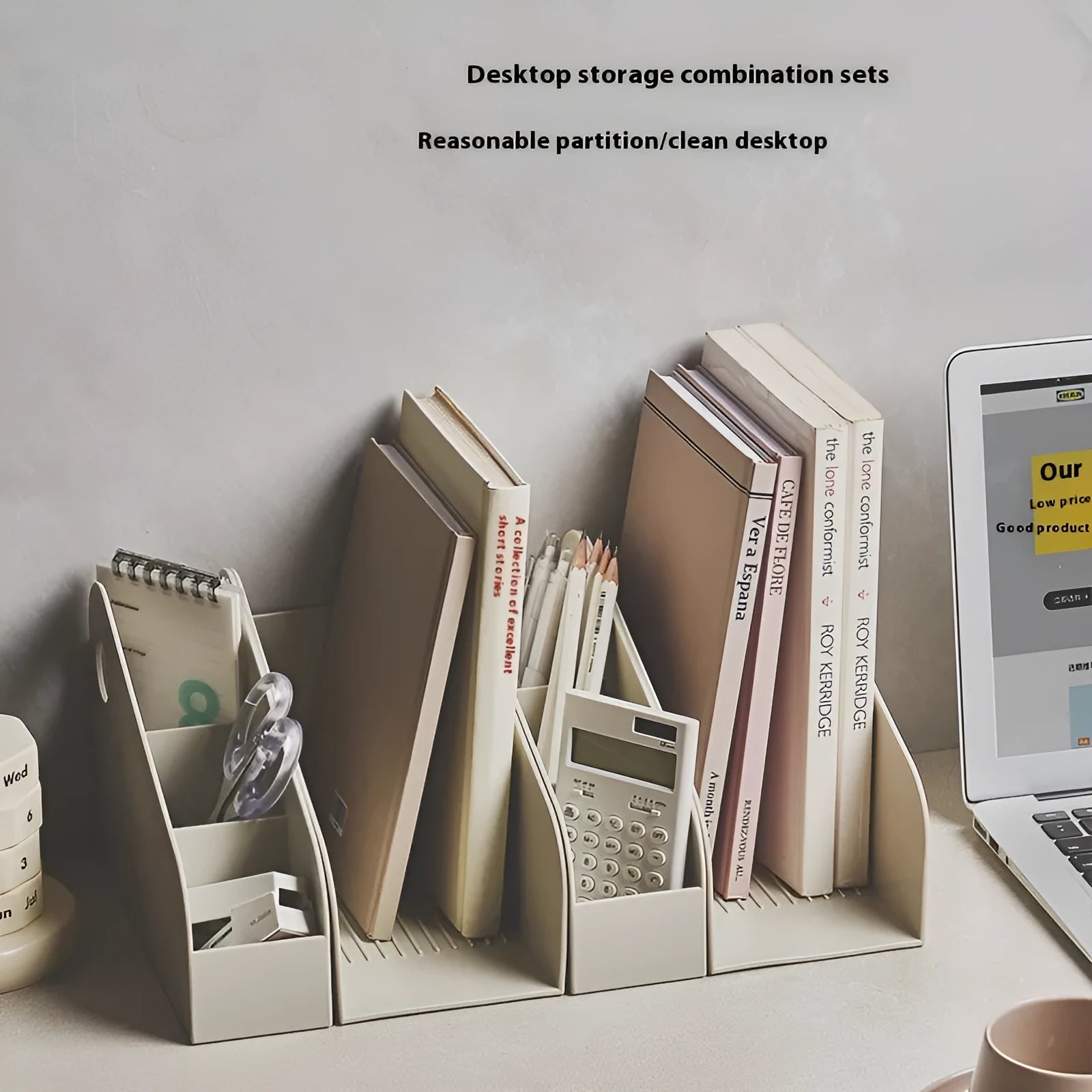 Plastic desktop storage box with two grid shelves in milk coffee colour