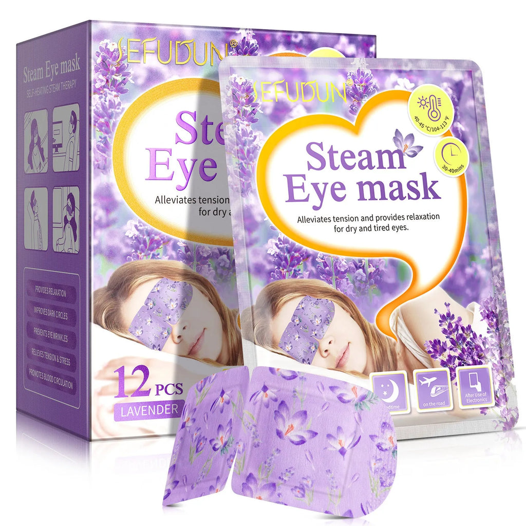 Disposable lavender scented steam eye mask in packaging, 12 pack, non-woven fabric for relaxation.