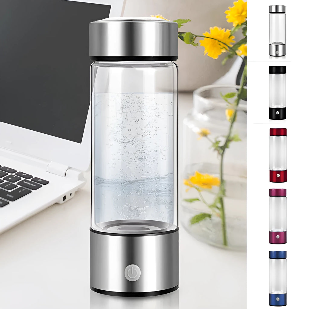 Hydrogen water bottle electric generator portable rechargeable borosilicate glass 401-500ml silver black red rose blue