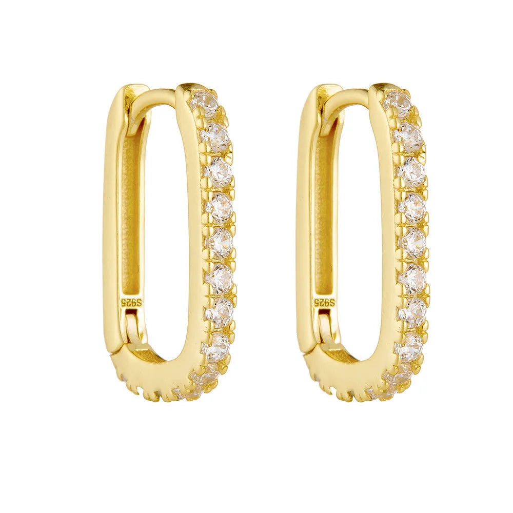Women's oval zircon geometric earrings in sterling silver with ear clip fitting.