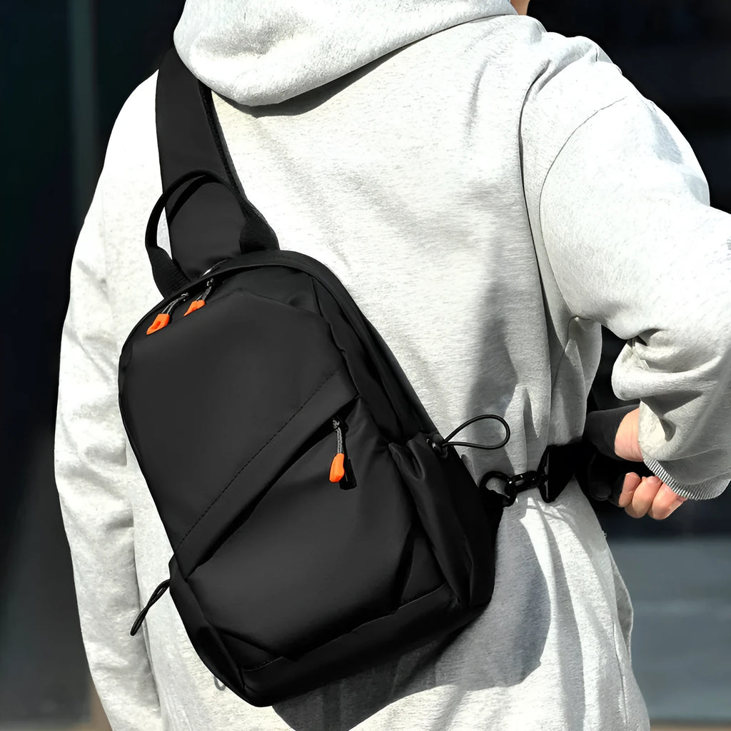 Mens casual single shoulder crossbody bag in waterproof polyester, black and grey colours