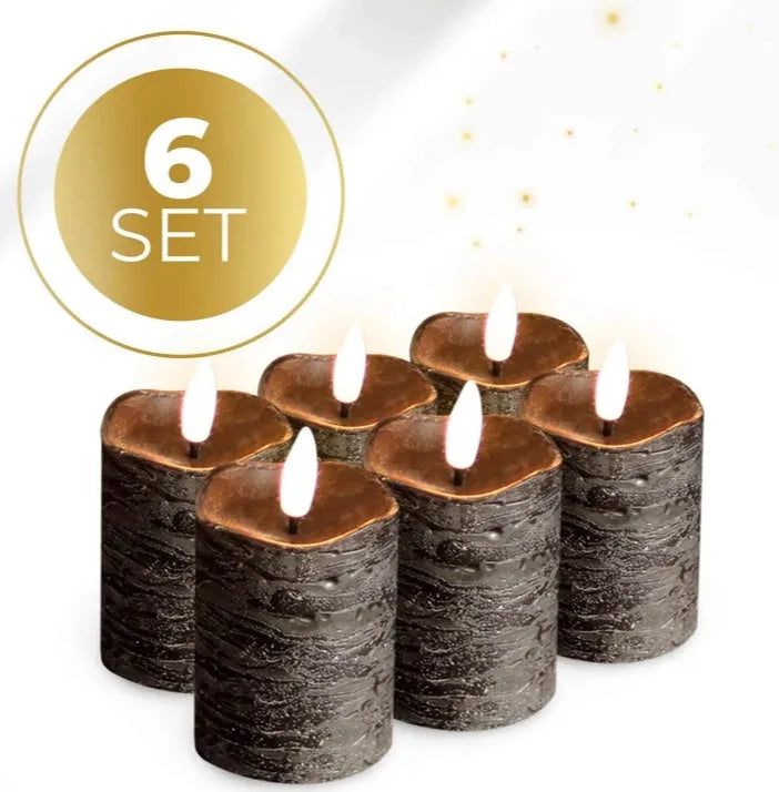 Black S6 LED flameless pillar candle measuring 5cm wide by 7cm tall.