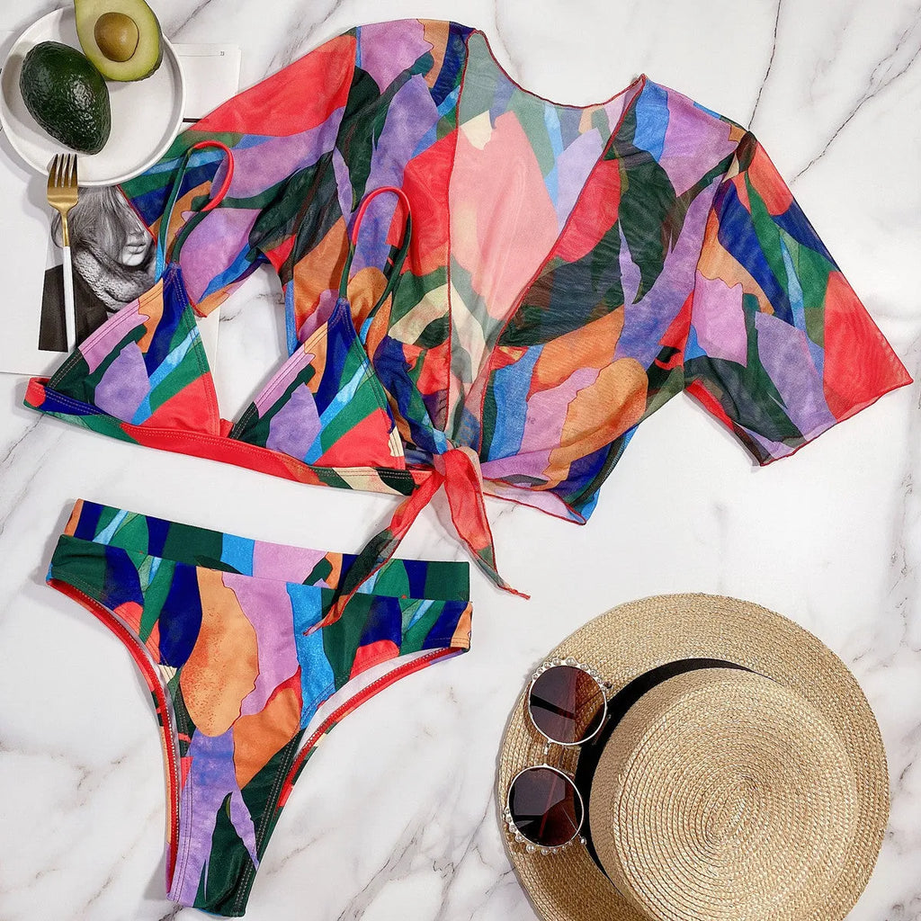 Red women's split swimsuit bikini for swimming and surfing with nylon fabric