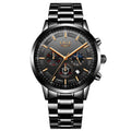 Men's waterproof quartz sports watch in black with rose red blue colour combination