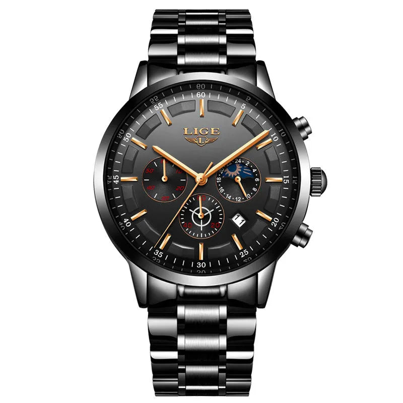 Men's waterproof quartz sports watch in black with rose red blue colour combination