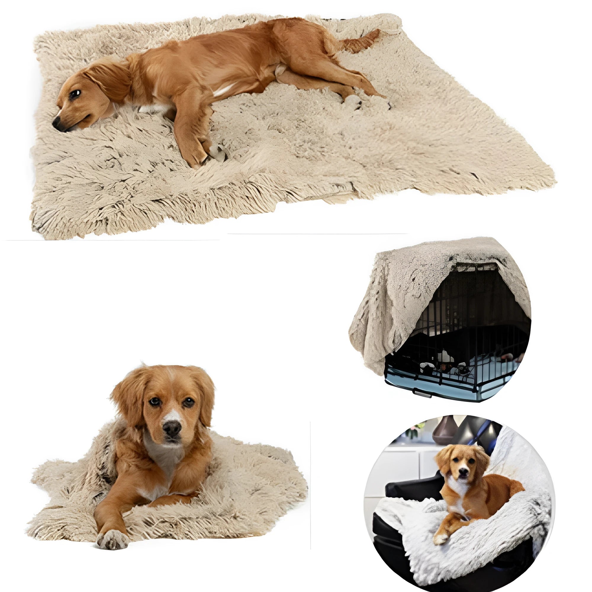 Long plush pet blanket for dogs and cats in grey, pink, or white, showing three size options.