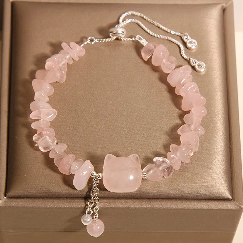 Pink crystal gravel kitten bracelet for women light luxury style