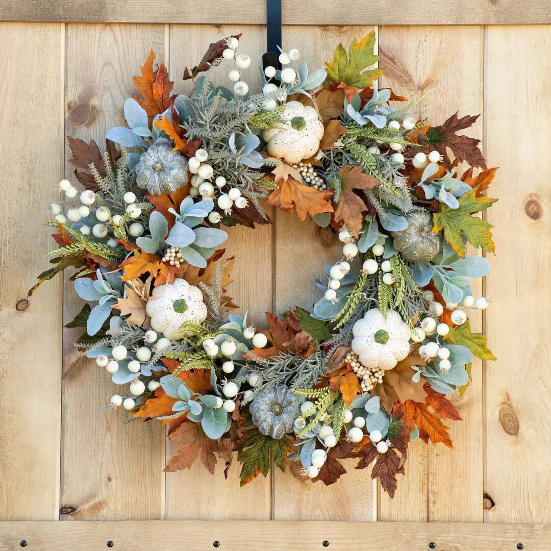 Autumn pumpkin wreath on door with simulation frost leaves and rattan ring, 45x45cm size