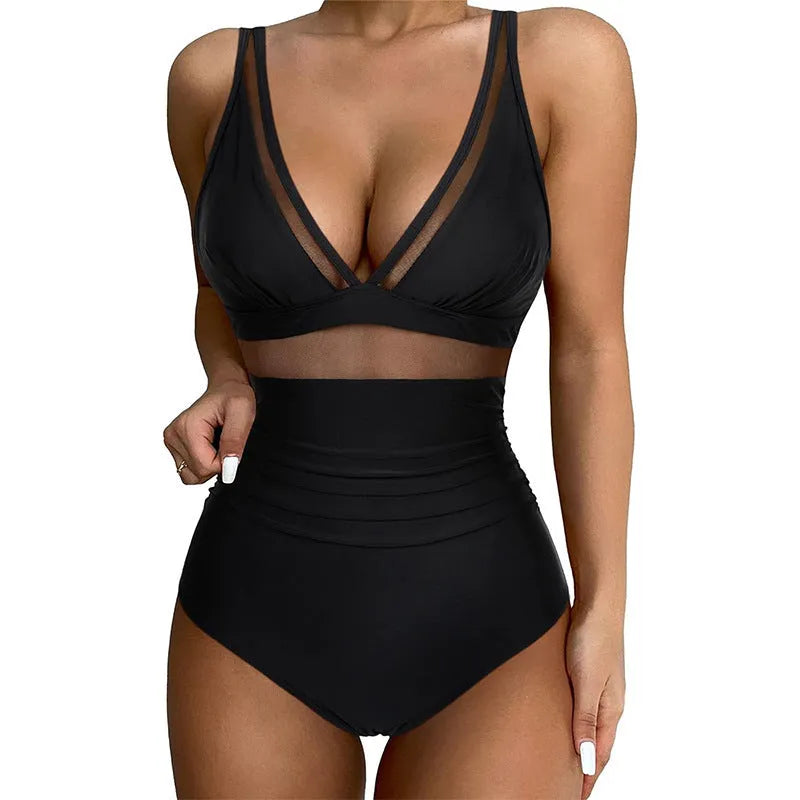 Black women's one-piece swimsuit with mesh halter detailing and sleeveless briefs style