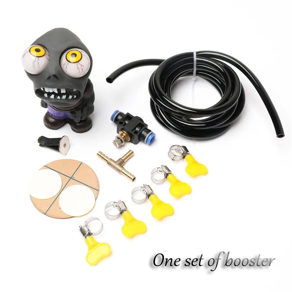Turbo car blow-off valve accessory kit with explosive eye zombie doll and pressure regulating valve components.