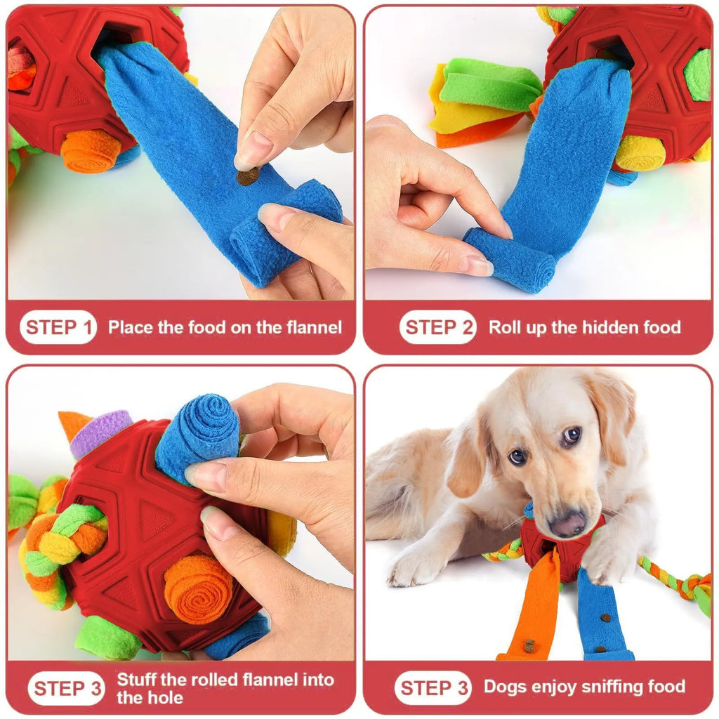 Blue bite-resistant dog sniffing puzzle ball for treat dispensing and IQ training.