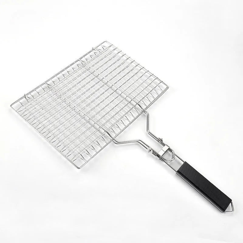 Square stainless steel barbecue mesh basket with folding design and cleaning brush