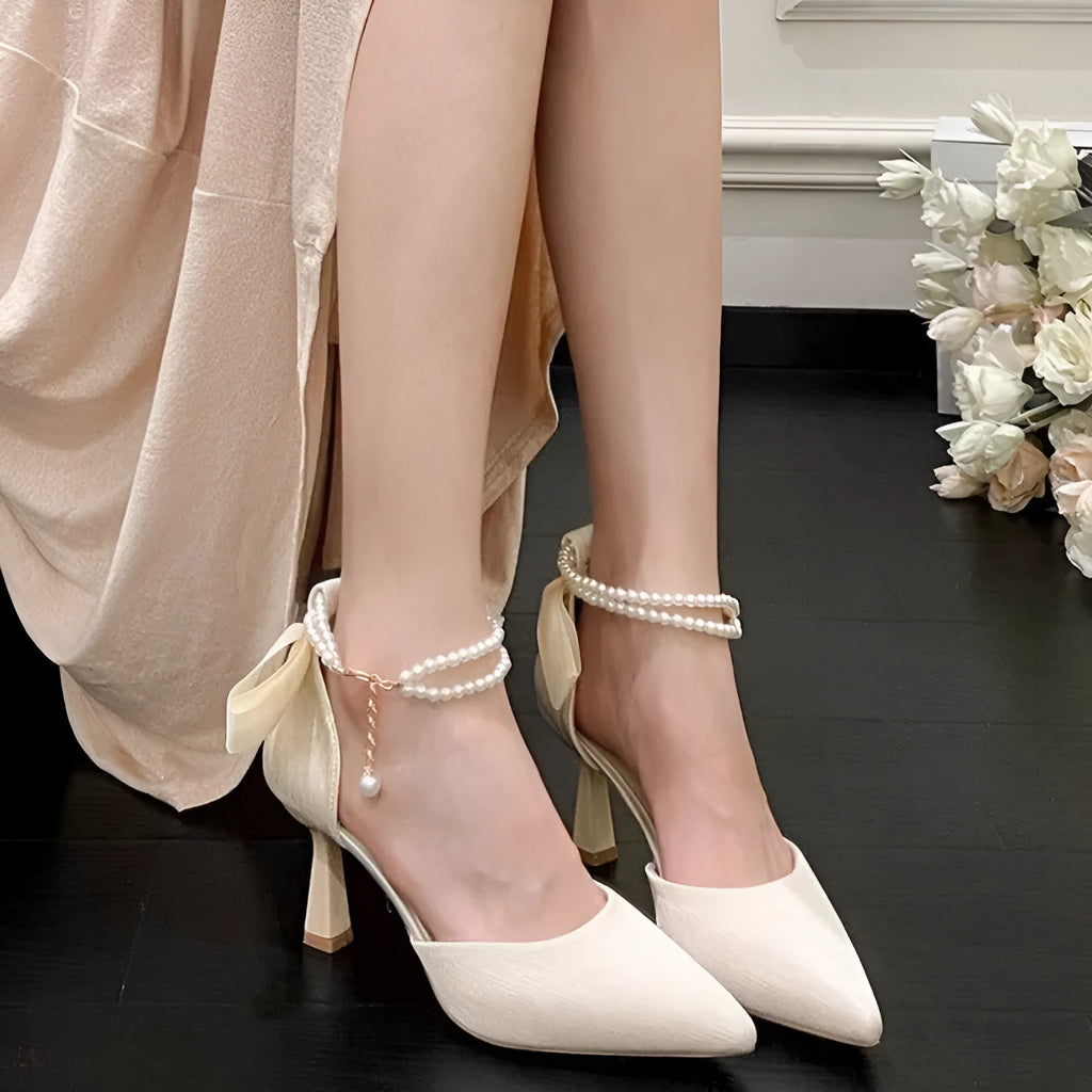 Fairy style bow high heels in apricot colour with mid wine glass heel and open toe, sizes 34-40