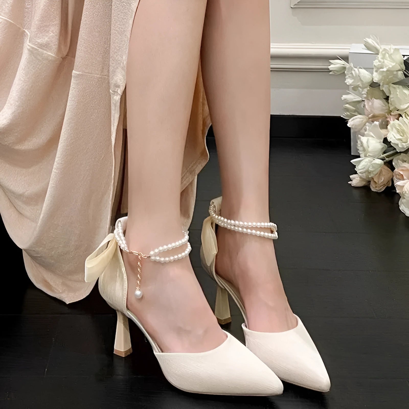 Fairy style bow high heels in apricot colour with mid wine glass heel and open toe, sizes 34-40