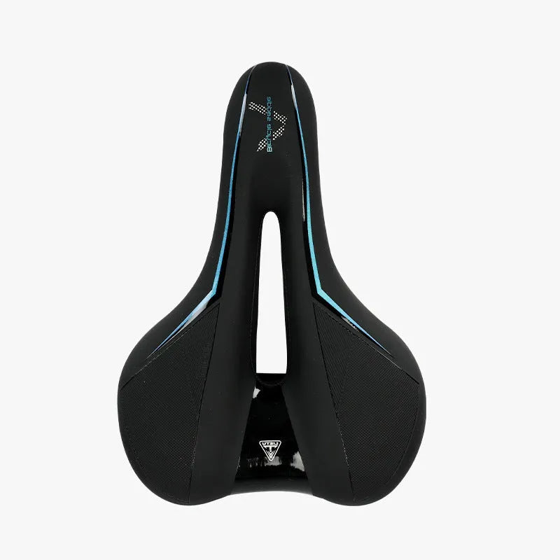 Mountain bike saddle cushion with leather fabric surface and silicone padding in black, 26x18x6cm