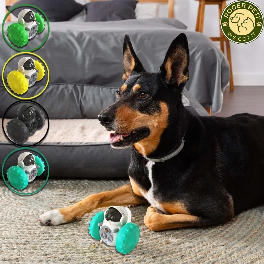 Robot-design tumbler puzzle toy for dogs and cats with roller elements and food dispensing function