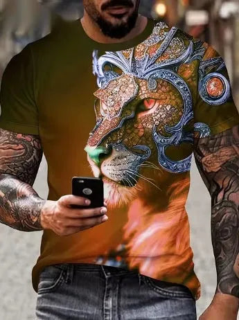 Men's black t-shirt with a large raised 3D print of a fierce lion's head on the front.