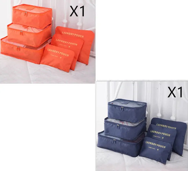 6 piece polyester travel storage bag set in hand bag type shape for clothes and cosmetic organisation, various colour options