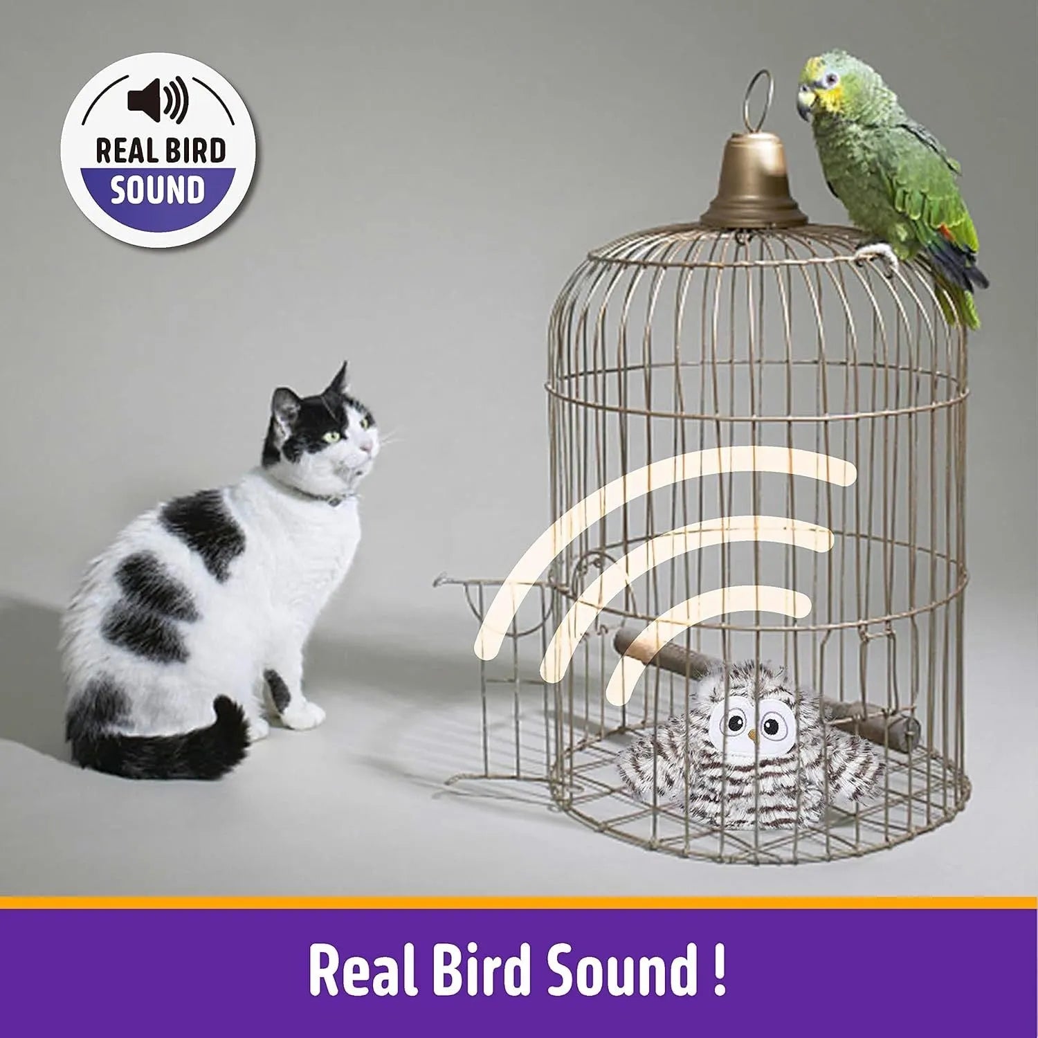 Grey automatic chirping owl cat toy with beating wings and electronic components