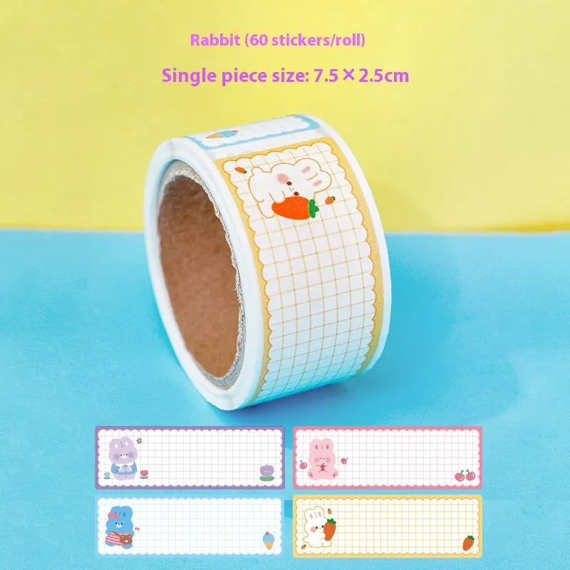 Roll of 60 cartoon name tape stickers showing dinosaur, astronaut, rabbit, and girl design options